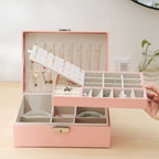 Premium PU Leather Organizer Double-Layer Jewelry Box with Lock  for Rings, Earrings, Necklaces