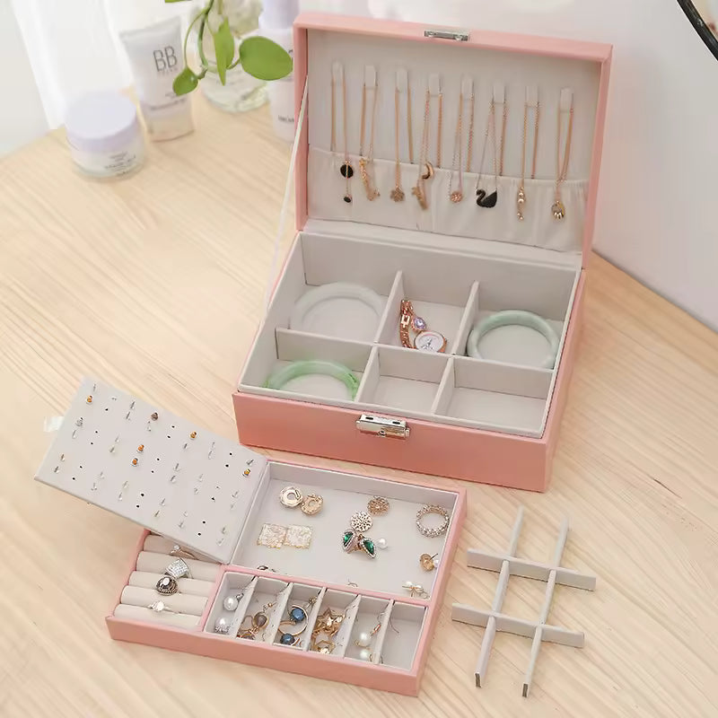 Premium PU Leather Organizer Double-Layer Jewelry Box with Lock  for Rings, Earrings, Necklaces