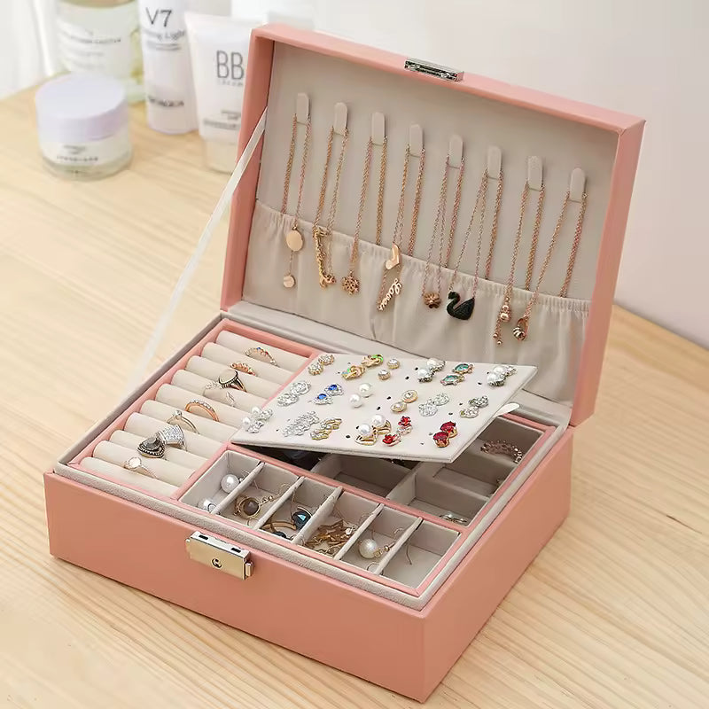Premium PU Leather Organizer Double-Layer Jewelry Box with Lock  for Rings, Earrings, Necklaces