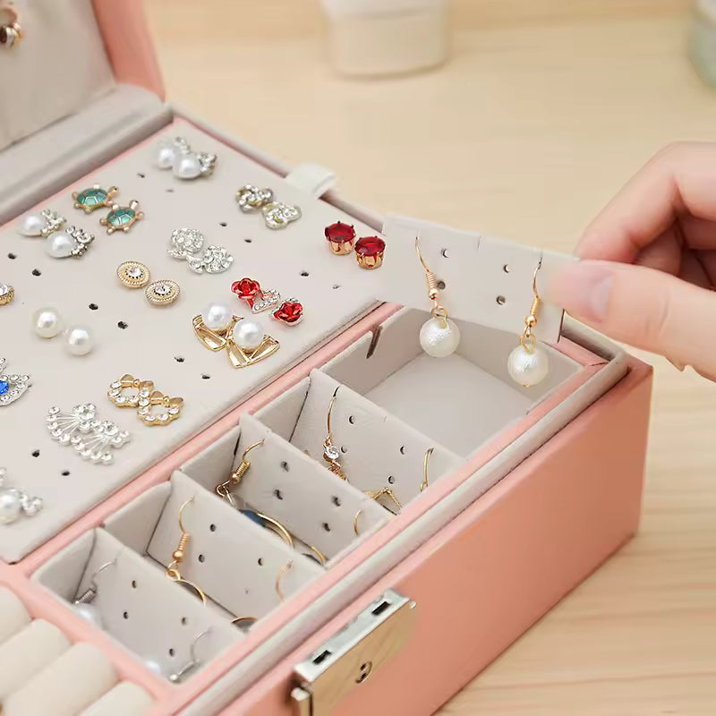 Premium PU Leather Organizer Double-Layer Jewelry Box with Lock  for Rings, Earrings, Necklaces