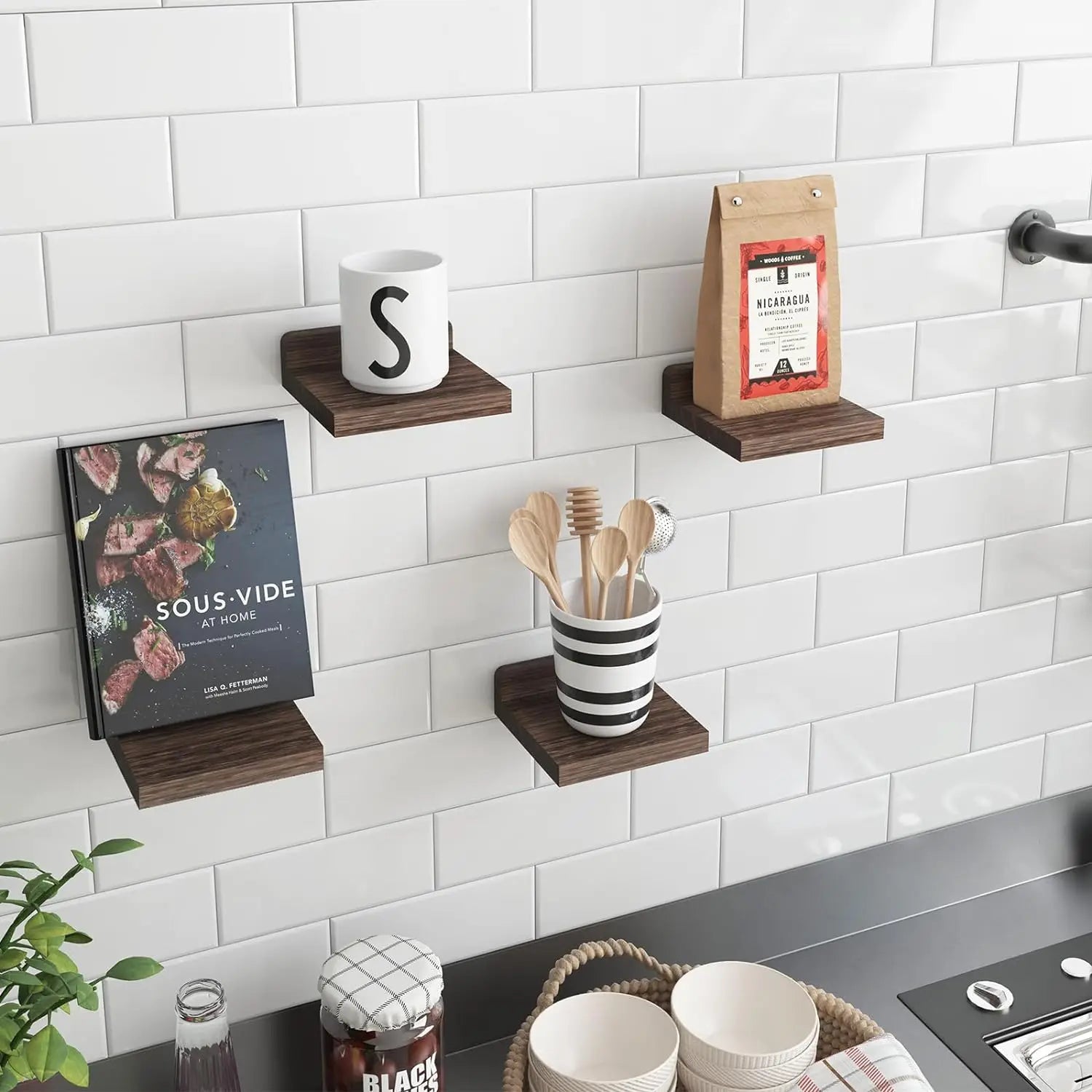 4-Pack Small Floating Shelves – 5 Inch Wood Wall Display Ledges with 2 Installation Options