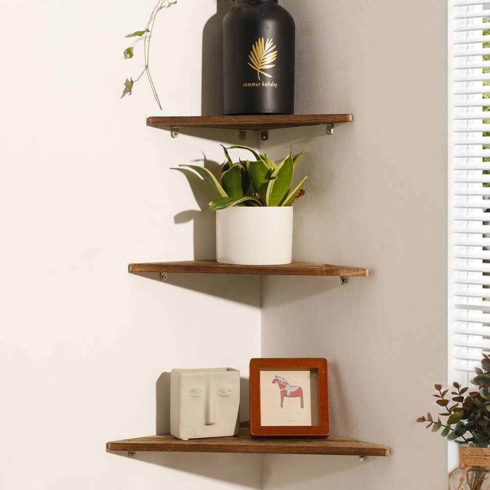 Charcoal Burnt Wooden Corner Shelf – Floating Display Stand for Books, Plants & Home Decor