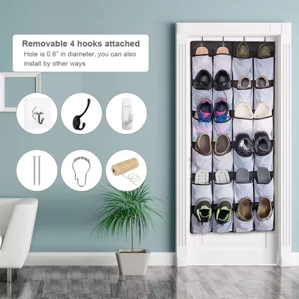 Foldable Over-the-Door Hanging Shoe Organizer with 12 and 24 Mesh Pockets - Space-Saving Shoe and Accesories Hanger