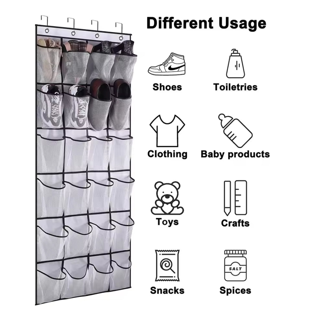 Foldable Over-the-Door Hanging Shoe Organizer with 12 and 24 Mesh Pockets - Space-Saving Shoe and Accesories Hanger