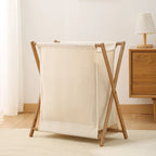 Foldable Premium Quality Cotton Linen Laundry Basket with Wooden Frame – Japanese Style Dirty Clothes Storage Organizer