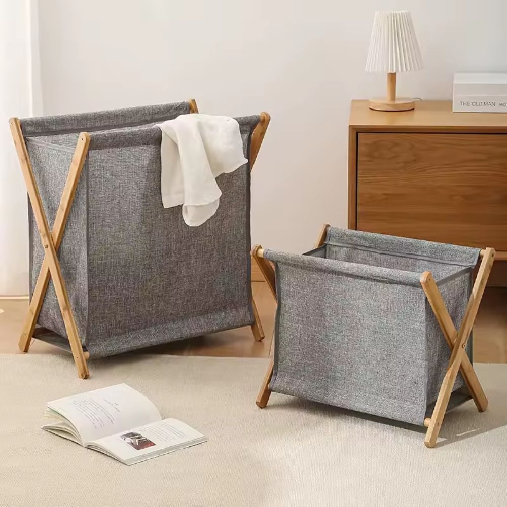 Foldable Premium Quality Cotton Linen Laundry Basket with Wooden Frame – Japanese Style Dirty Clothes Storage Organizer