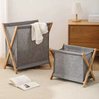 Foldable Premium Quality Cotton Linen Laundry Basket with Wooden Frame – Japanese Style Dirty Clothes Storage Organizer