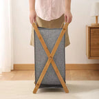 Foldable Premium Quality Cotton Linen Laundry Basket with Wooden Frame – Japanese Style Dirty Clothes Storage Organizer