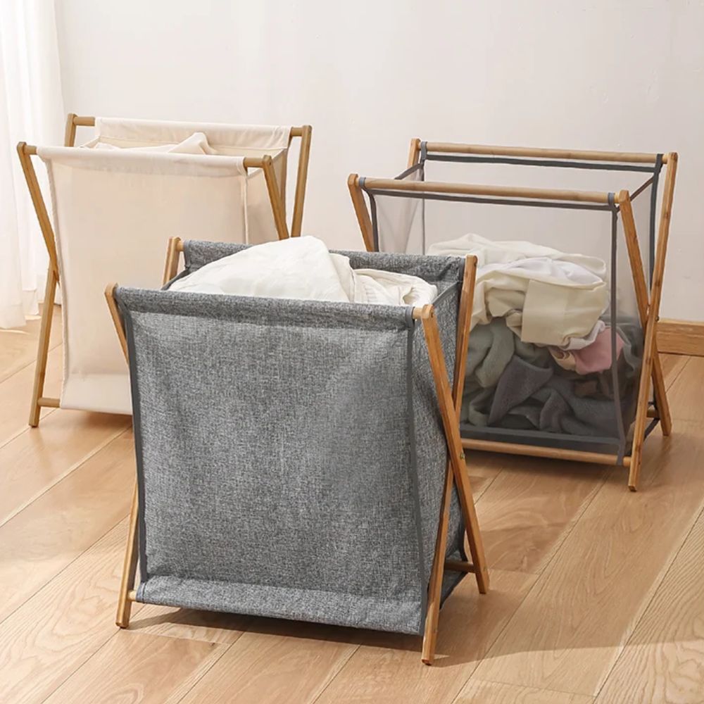 Foldable Premium Quality Cotton Linen Laundry Basket with Wooden Frame – Japanese Style Dirty Clothes Storage Organizer
