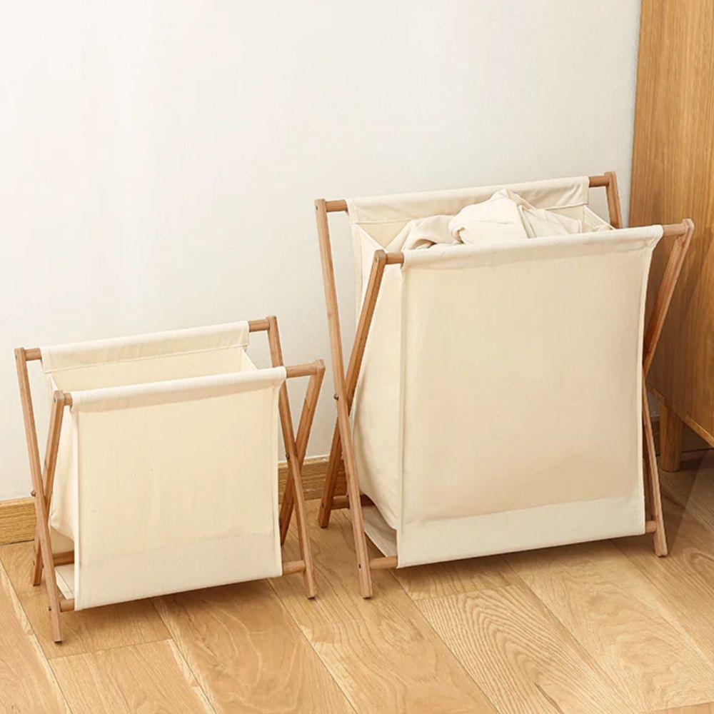 Foldable Premium Quality Cotton Linen Laundry Basket with Wooden Frame – Japanese Style Dirty Clothes Storage Organizer