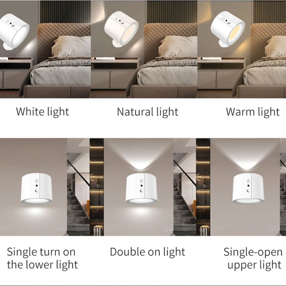 LED Wall Sconce Light – Touch Control, 360° Rotatable Double Head, 3-Color Wireless Lamp for Bedroom & Living Spaces