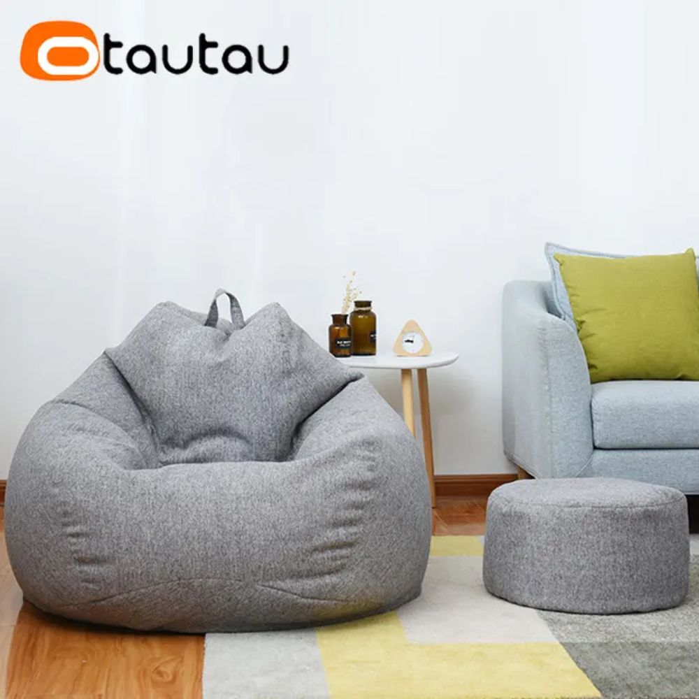Linen Round Bean Bag Ottoman – Soft Pouf Footstool Tatami Puff with Filling (D30cm x H20cm)