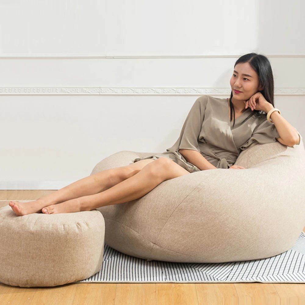 Linen Round Bean Bag Ottoman – Soft Pouf Footstool Tatami Puff with Filling (D30cm x H20cm)
