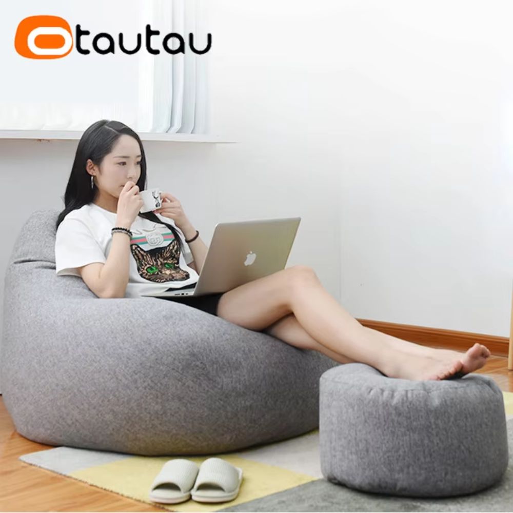 Linen Round Bean Bag Ottoman – Soft Pouf Footstool Tatami Puff with Filling (D30cm x H20cm)