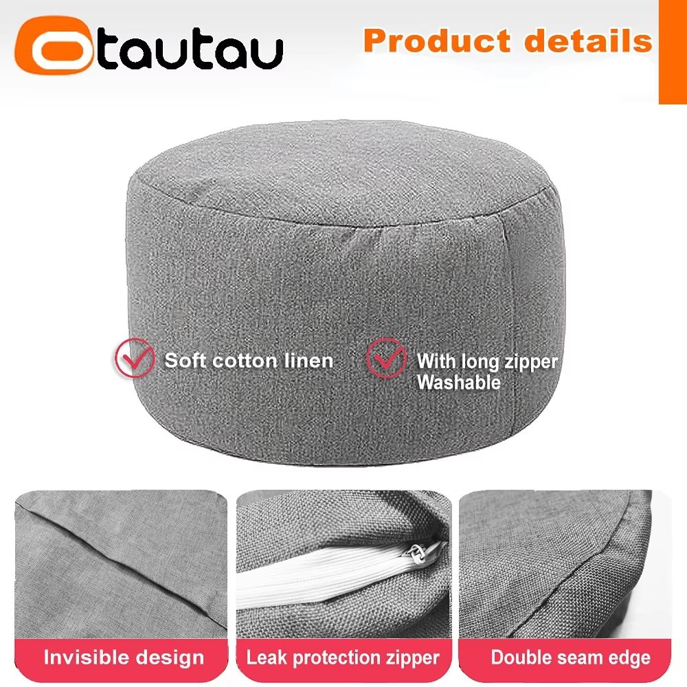Linen Round Bean Bag Ottoman – Soft Pouf Footstool Tatami Puff with Filling (D30cm x H20cm)