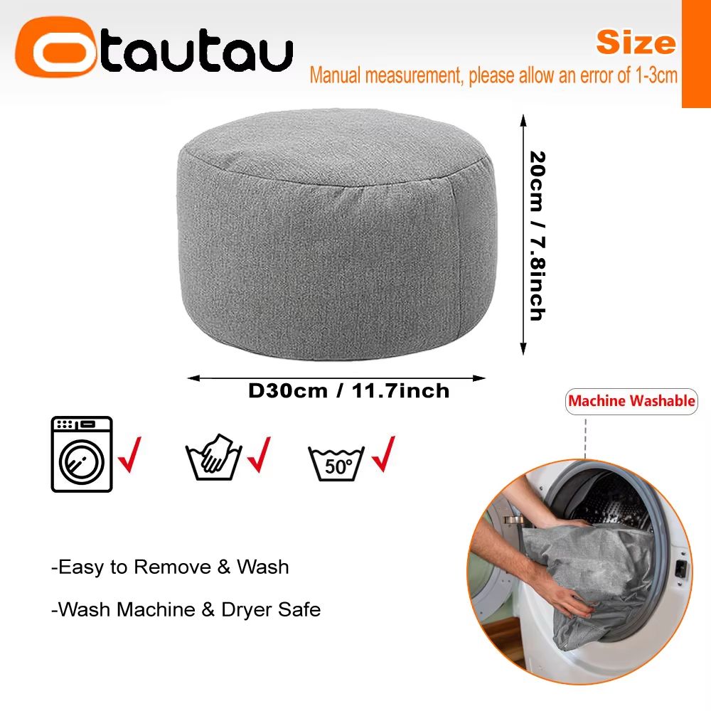 Linen Round Bean Bag Ottoman – Soft Pouf Footstool Tatami Puff with Filling (D30cm x H20cm)