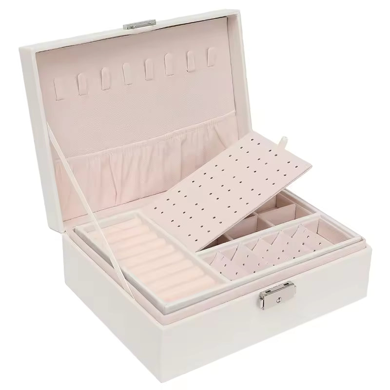Premium PU Leather Organizer Double-Layer Jewelry Box with Lock  for Rings, Earrings, Necklaces