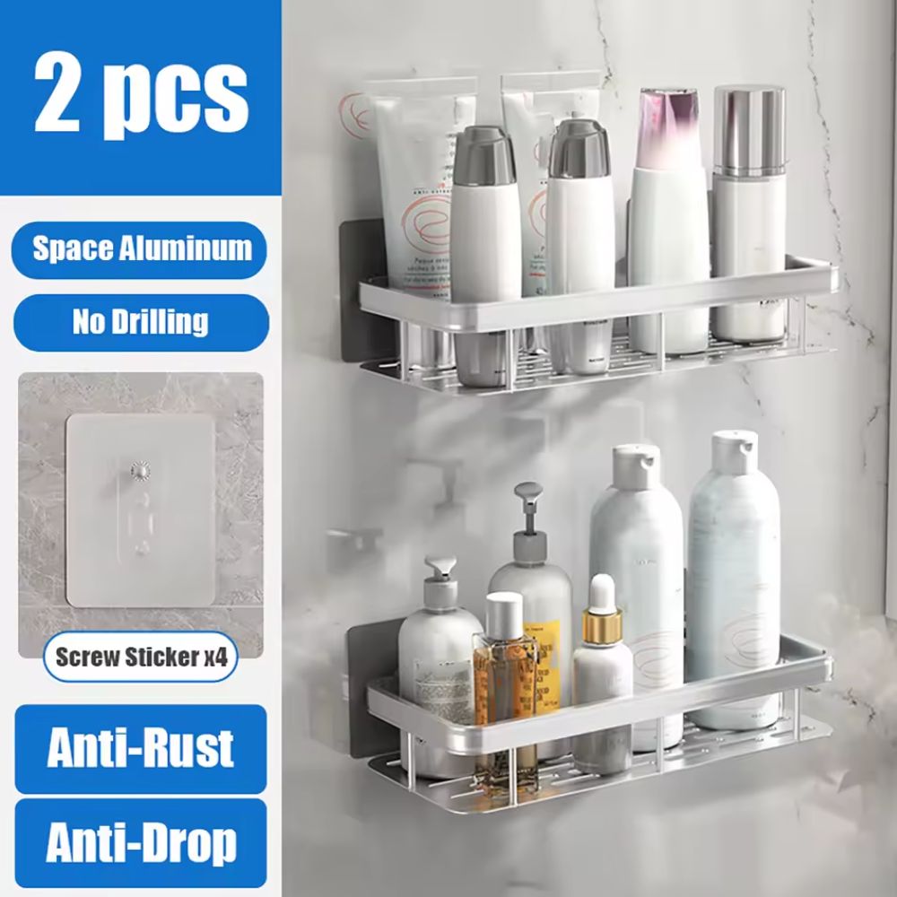 Rust-Proof Strong Aluminum 2 Pcs Silver Shower Corner Shelf Caddy – No-Drill Wall-Mounted Shower Organizer for Shampoo, Towels & Bathroom Essentials