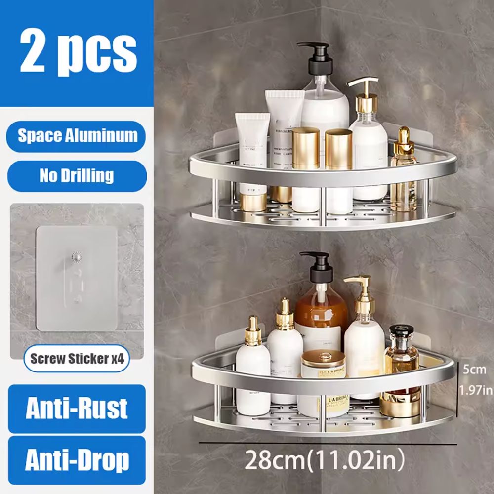 Rust-Proof Strong Aluminum 2 Pcs Silver Shower Corner Shelf Caddy – No-Drill Wall-Mounted Shower Organizer for Shampoo, Towels & Bathroom Essentials