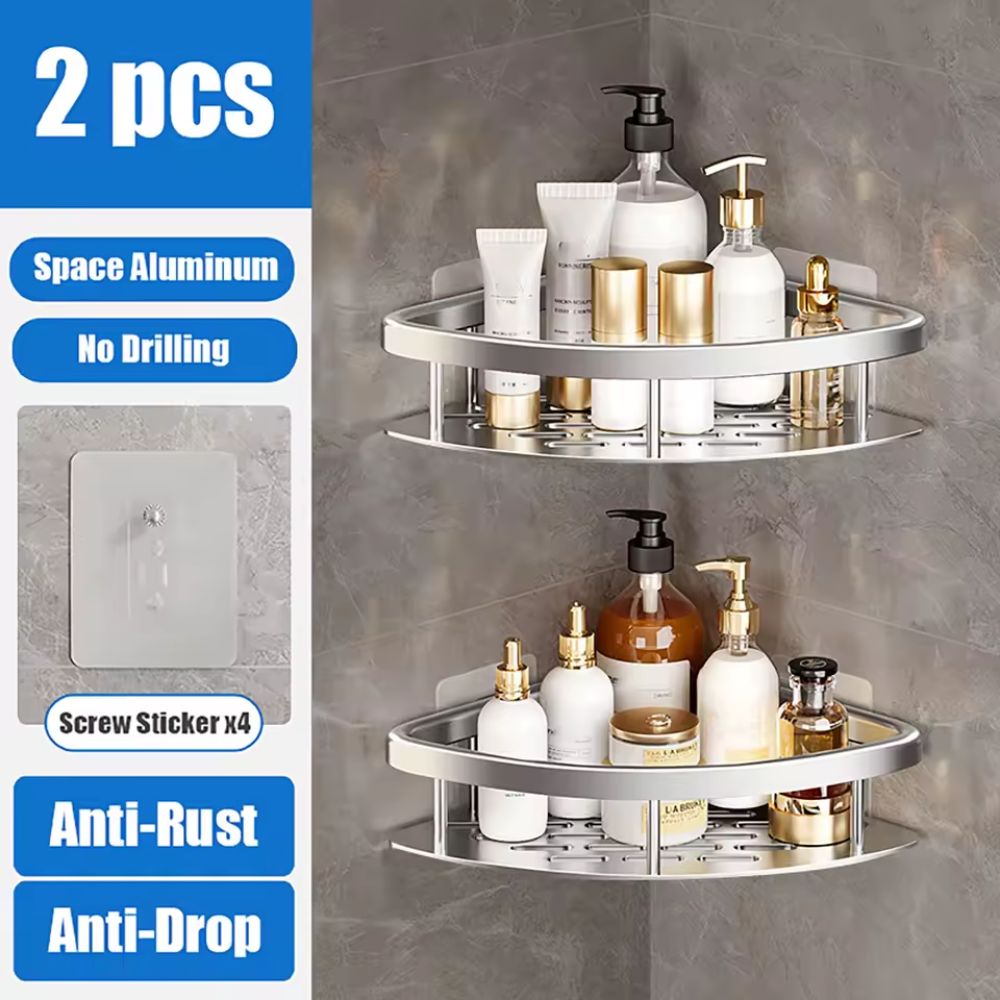 Rust-Proof Strong Aluminum 2 Pcs Silver Shower Corner Shelf Caddy – No-Drill Wall-Mounted Shower Organizer for Shampoo, Towels & Bathroom Essentials