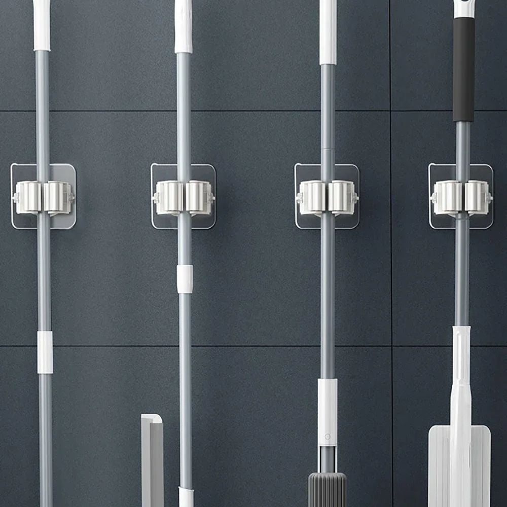 4Pcs Self-Adhesive Mop & Broom Holder – Wall-Mounted Organizer for Bathroom & Kitchen