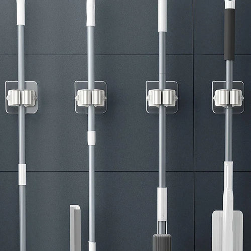 4Pcs Self-Adhesive Mop & Broom Holder – Wall-Mounted Organizer for Bathroom & Kitchen