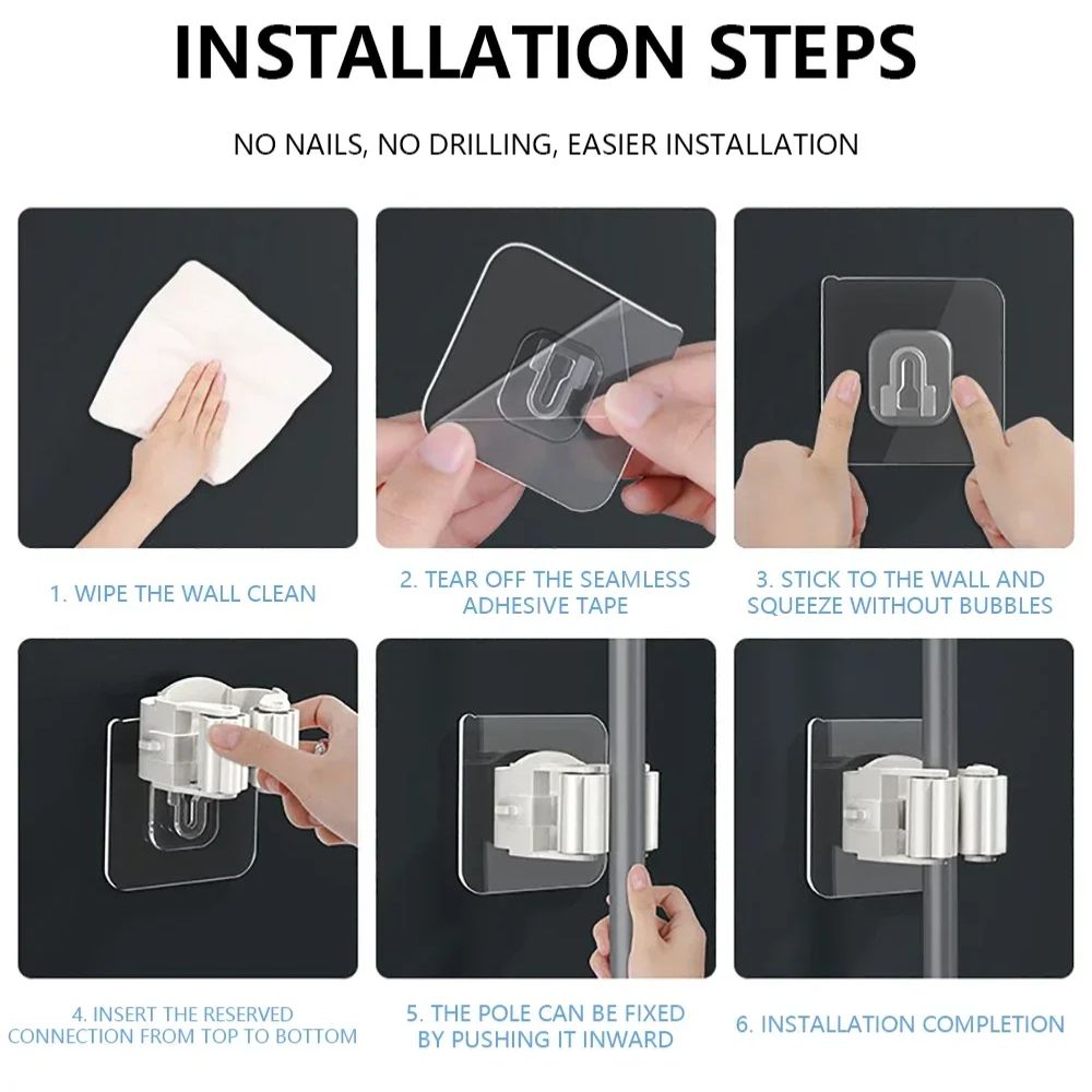 4Pcs Self-Adhesive Mop & Broom Holder – Wall-Mounted Organizer for Bathroom & Kitchen