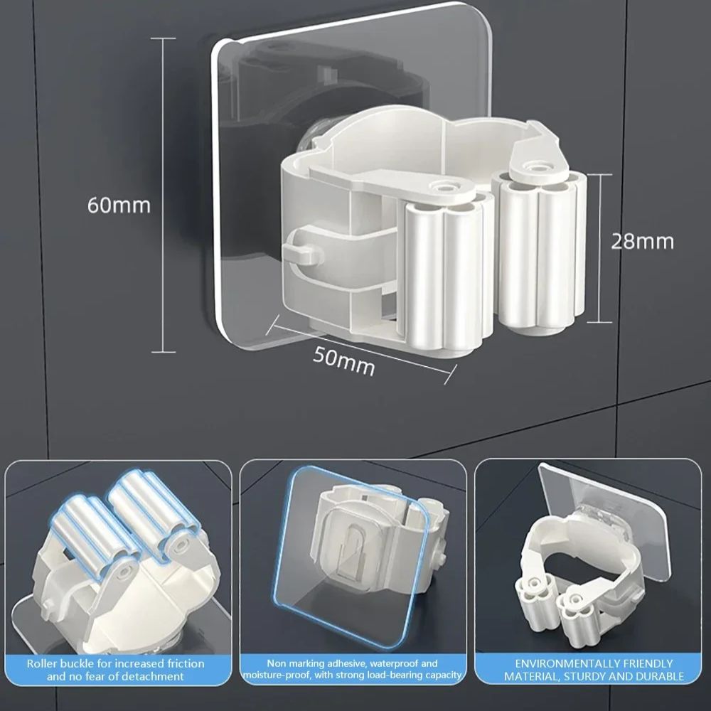 4Pcs Self-Adhesive Mop & Broom Holder – Wall-Mounted Organizer for Bathroom & Kitchen