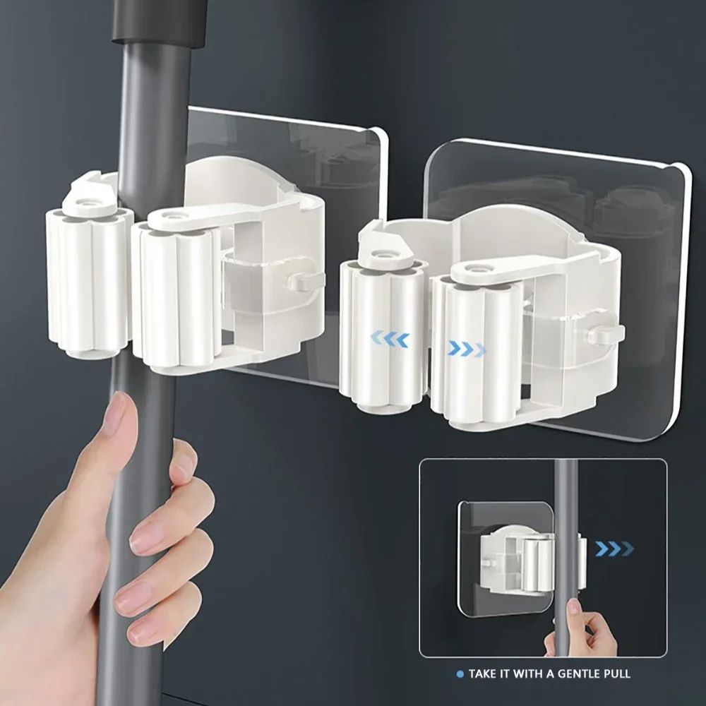 4Pcs Self-Adhesive Mop & Broom Holder – Wall-Mounted Organizer for Bathroom & Kitchen
