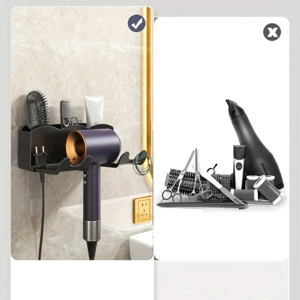 Wall-Mounted Hair Dryer Holder – No-Drill Bathroom Organizer with Cable Storage