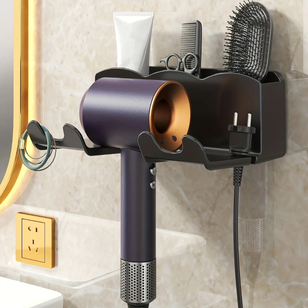Wall-Mounted Hair Dryer Holder – No-Drill Bathroom Organizer with Cable Storage