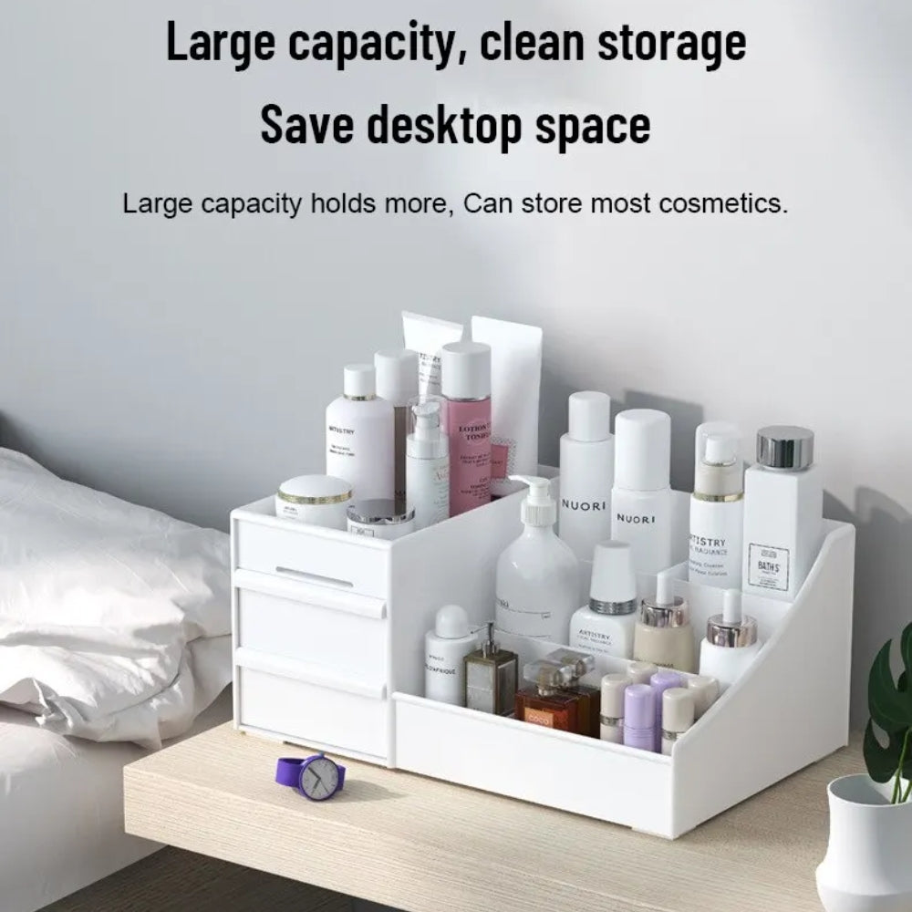 White Drawer Makeup Storage Box – Plastic Cosmetic Organizer for Dorms, Vanity & Dressing Table