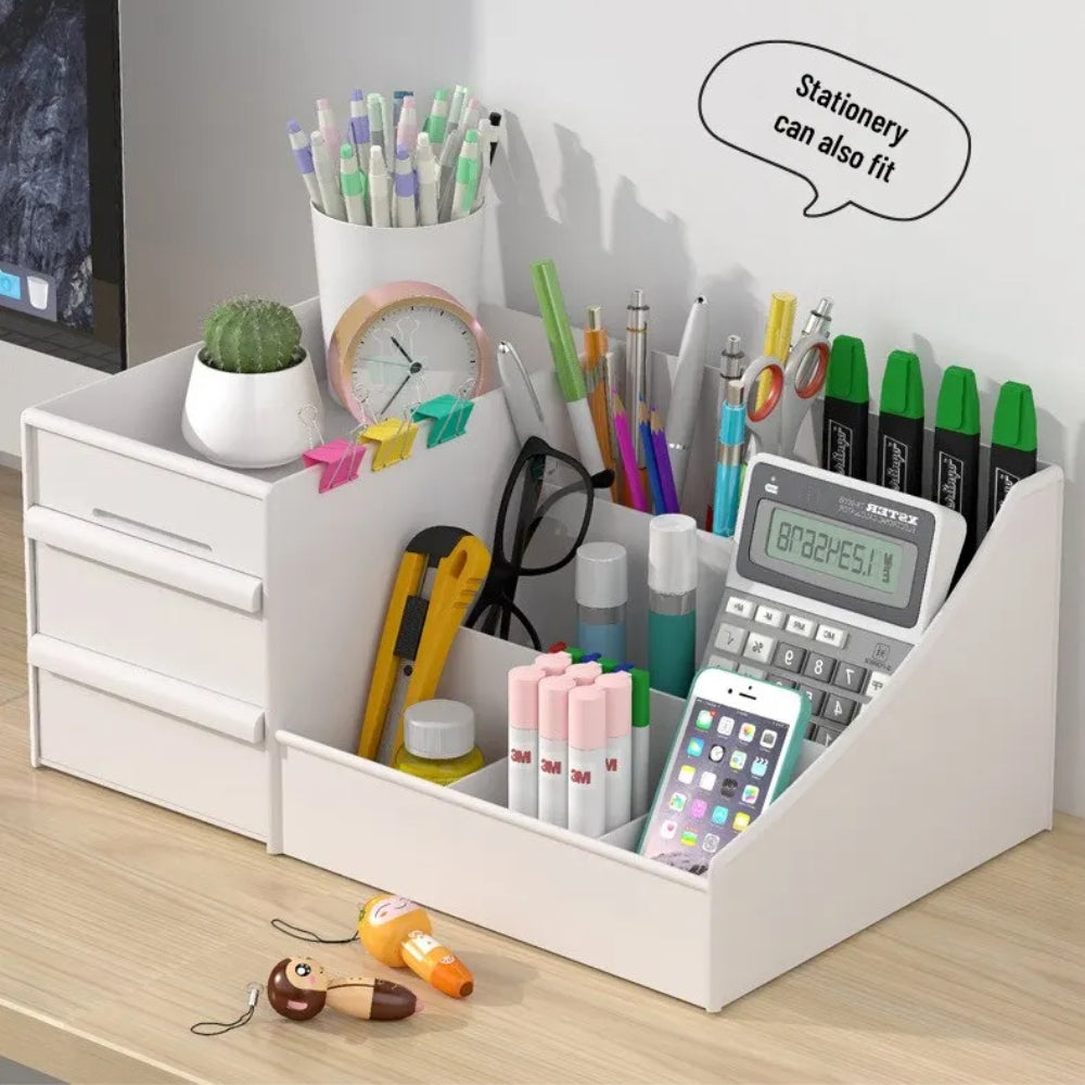 White Drawer Makeup Storage Box – Plastic Cosmetic Organizer for Dorms, Vanity & Dressing Table