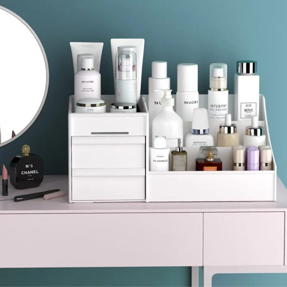 White Drawer Makeup Storage Box – Plastic Cosmetic Organizer for Dorms, Vanity & Dressing Table