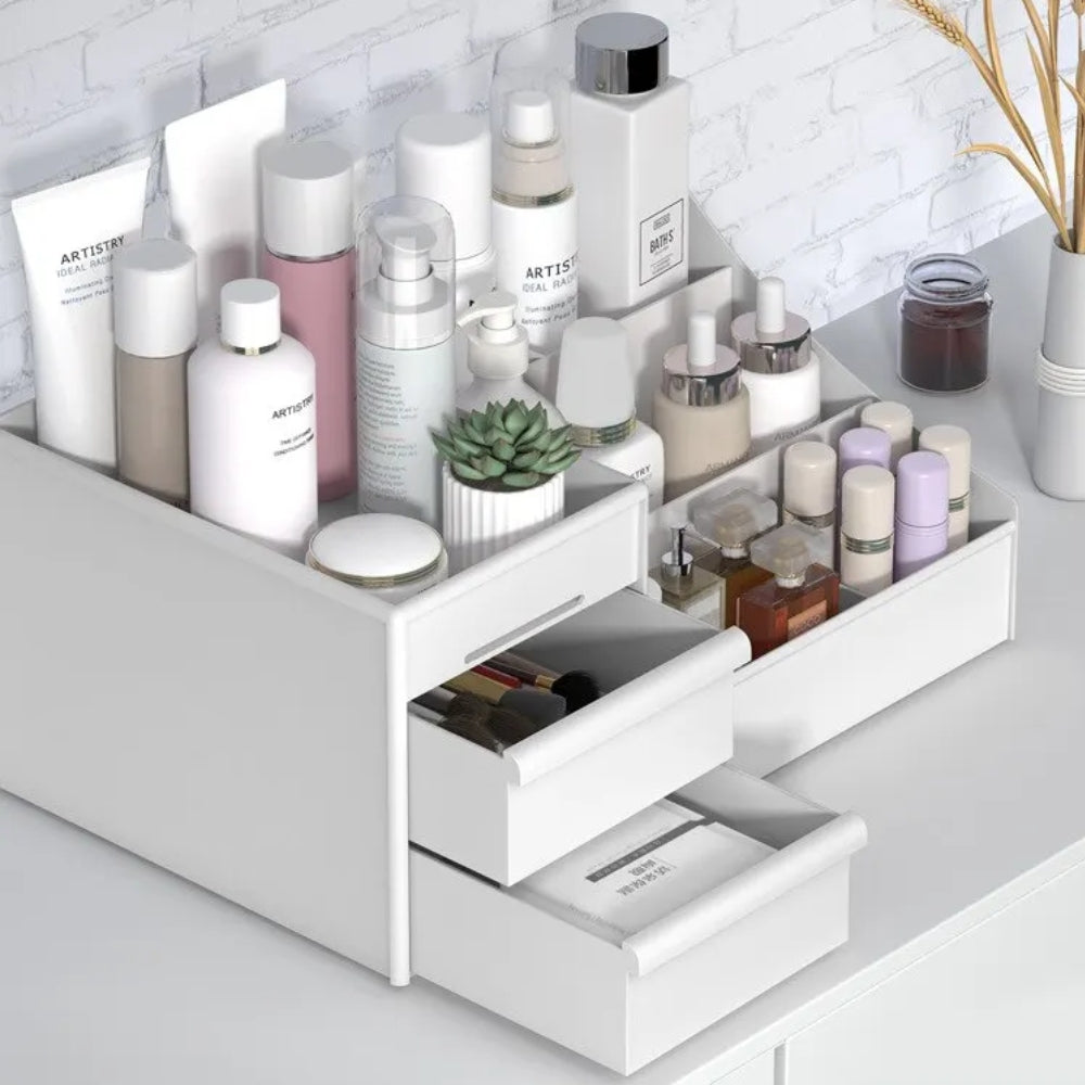 White Drawer Makeup Storage Box – Plastic Cosmetic Organizer for Dorms, Vanity & Dressing Table