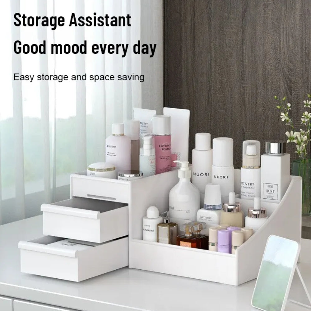 White Drawer Makeup Storage Box – Plastic Cosmetic Organizer for Dorms, Vanity & Dressing Table