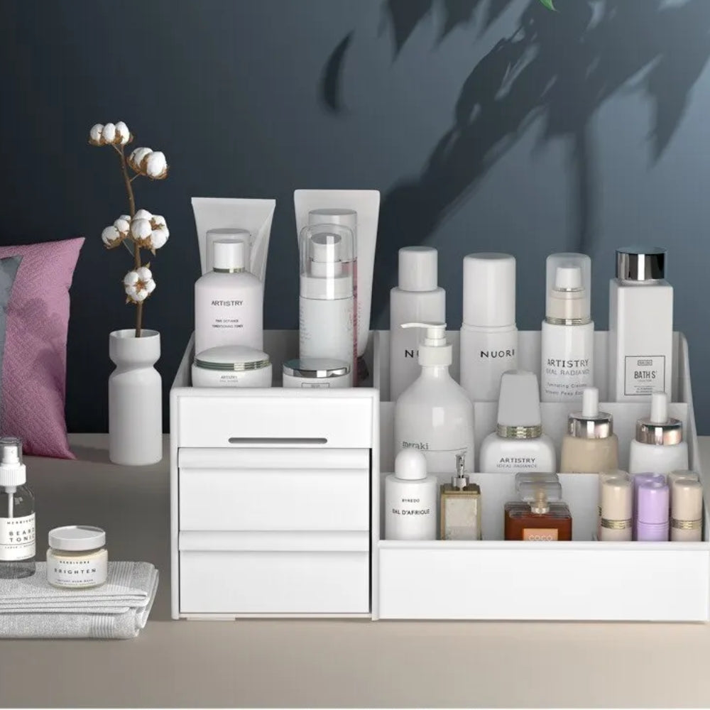 White Drawer Makeup Storage Box – Plastic Cosmetic Organizer for Dorms, Vanity & Dressing Table